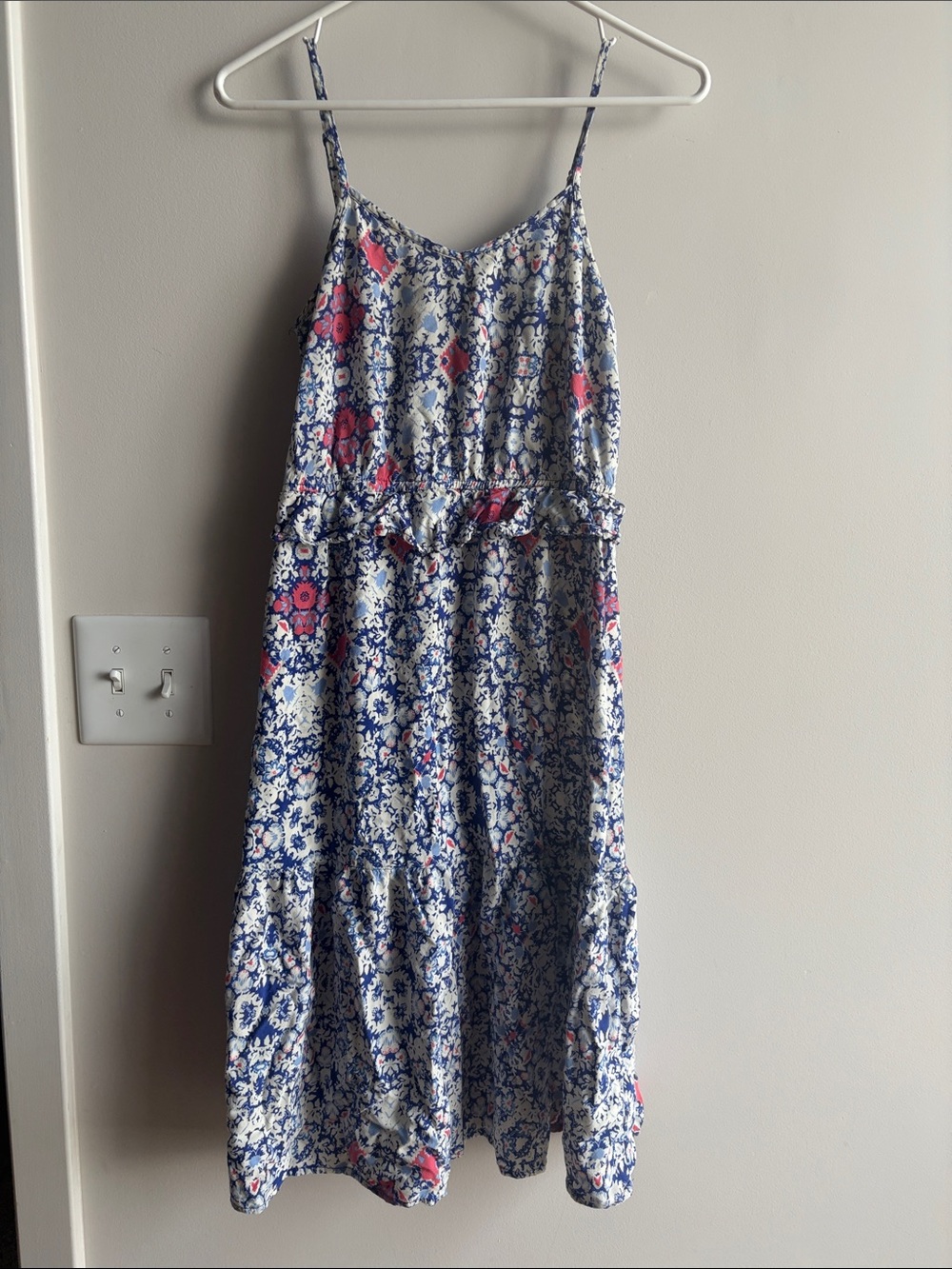 Blue Floral Spaghetti-Strap Dress with Pink Accents